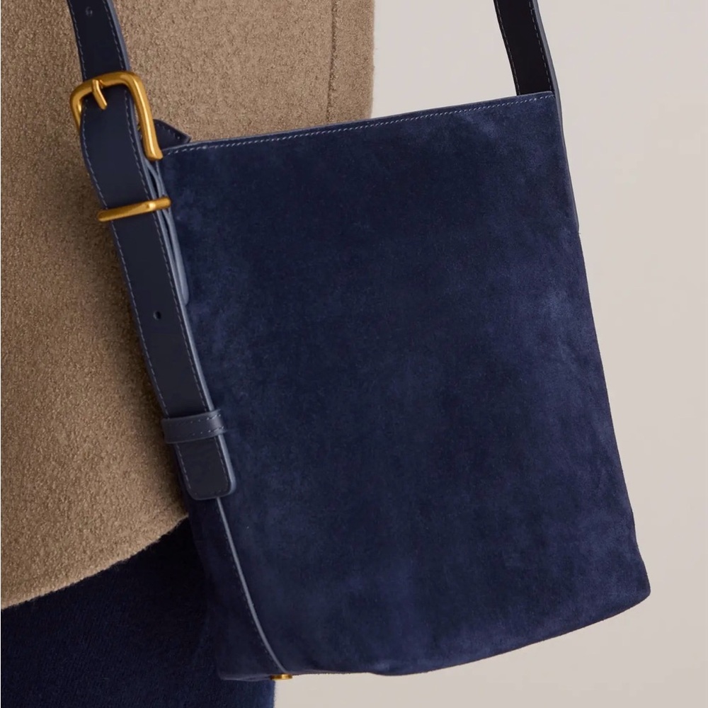 Quince Italian Suede Bucket Crossbody Bag in Navy - Picture 6 of 8